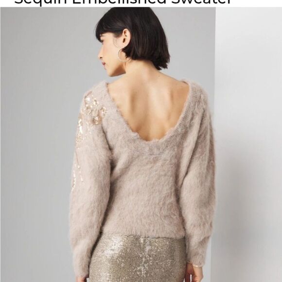 WHBM Sequin Embellished Tan Boat Neck Sweater style 570380544. Size XS NWT - Picture 2 of 5